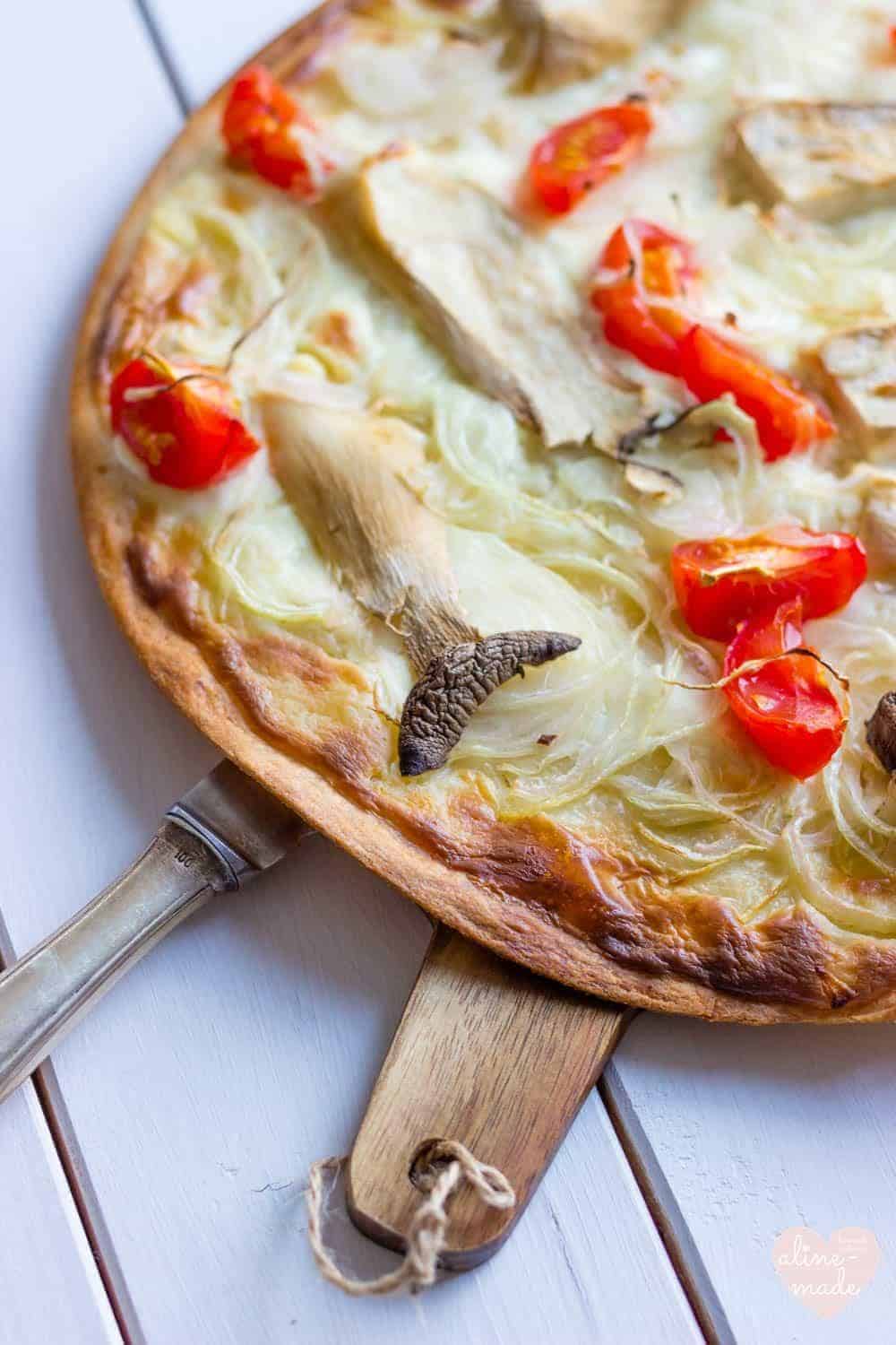 Vegetarian Flammkuchen with King Oyster Mushrooms and Tomatoes