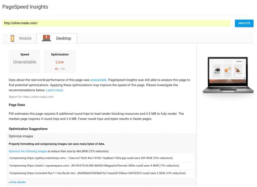 Resize Images - Google Page Speed Insights - Analyzed www.aline-made.com