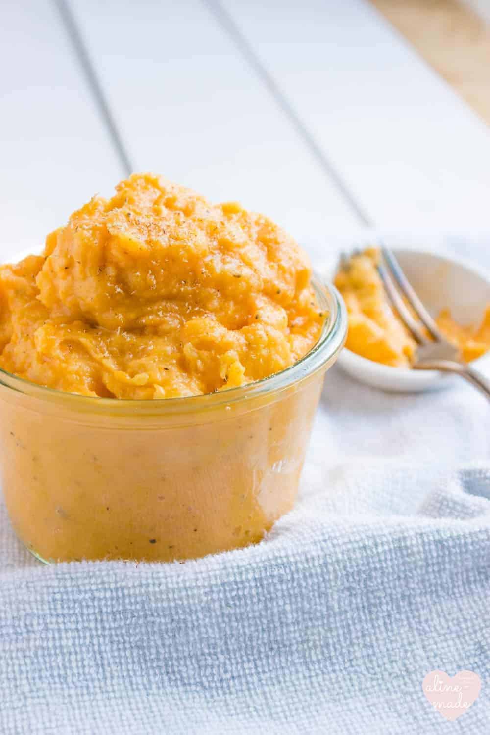 Steamed Mashed Sweet Potatoes served in a glass jar