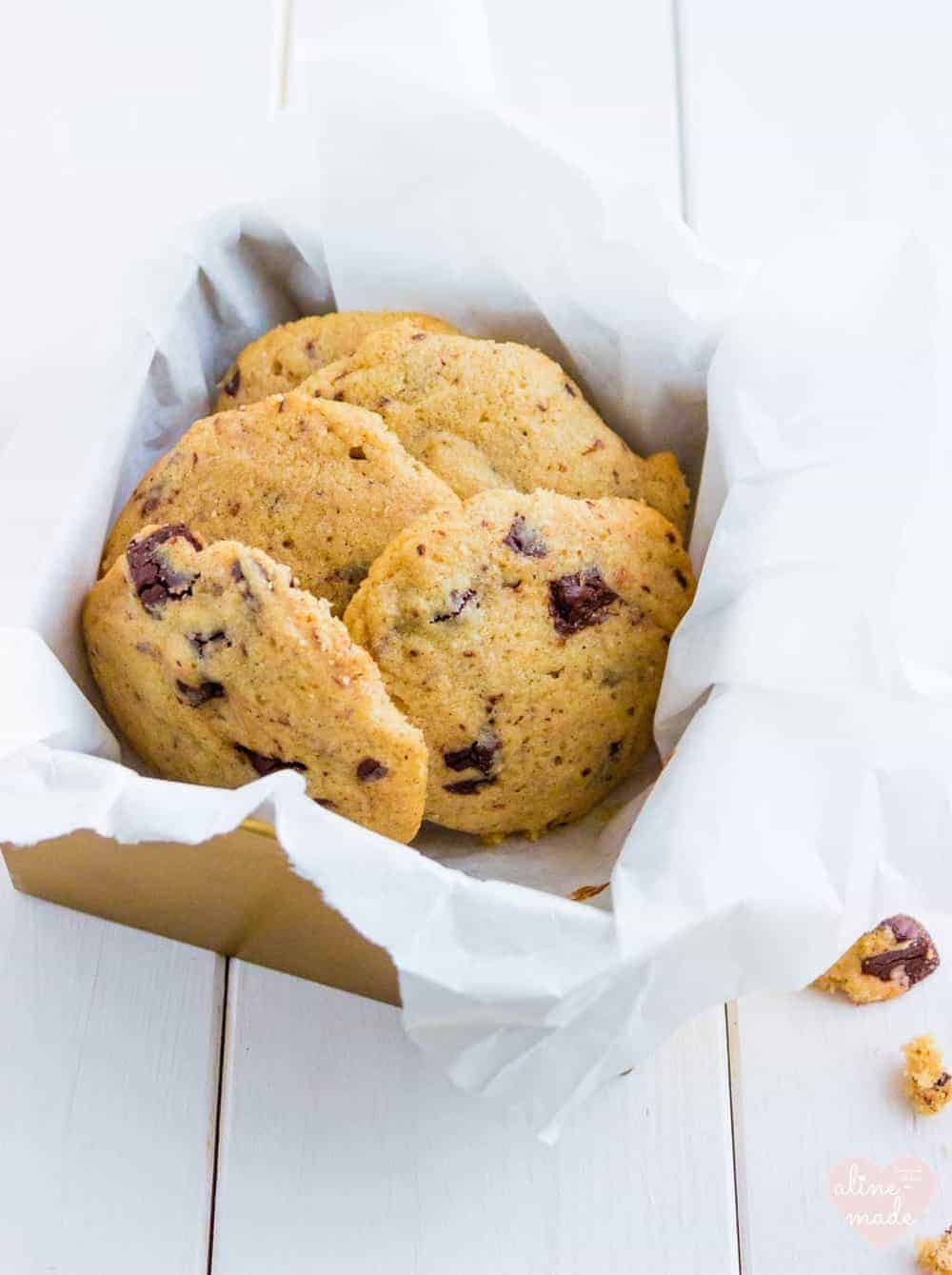 Pecan Butter Chocolate Chip Cookies - Stored in a golden box.