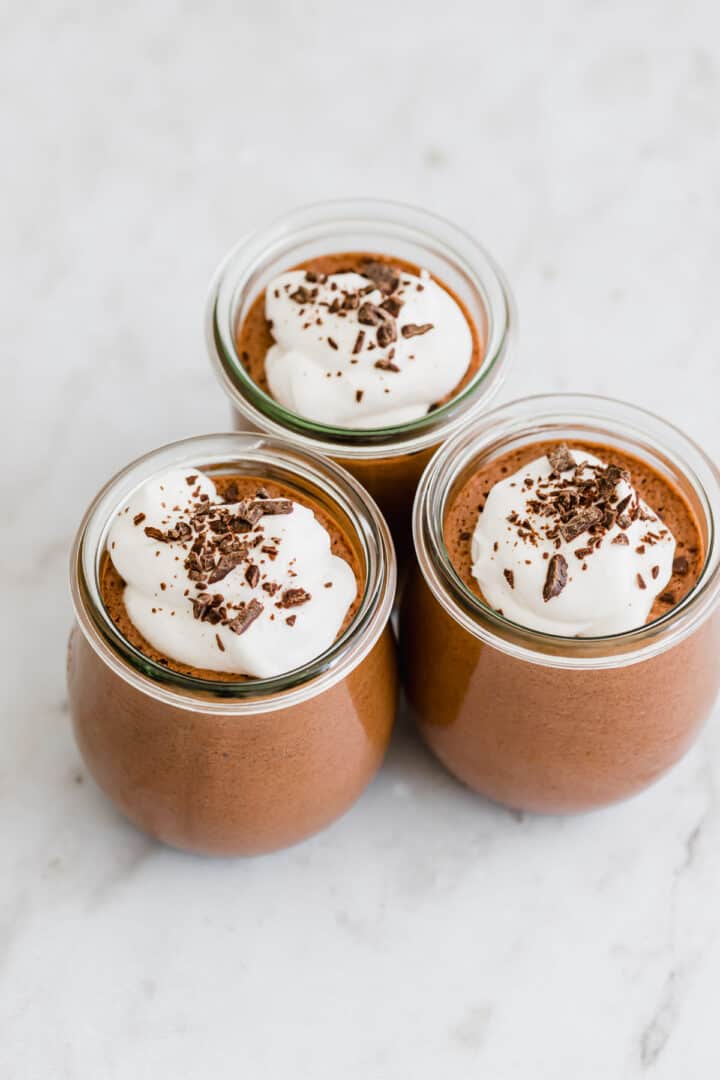 chocolate mousse with aquafaba in small tulip jars
