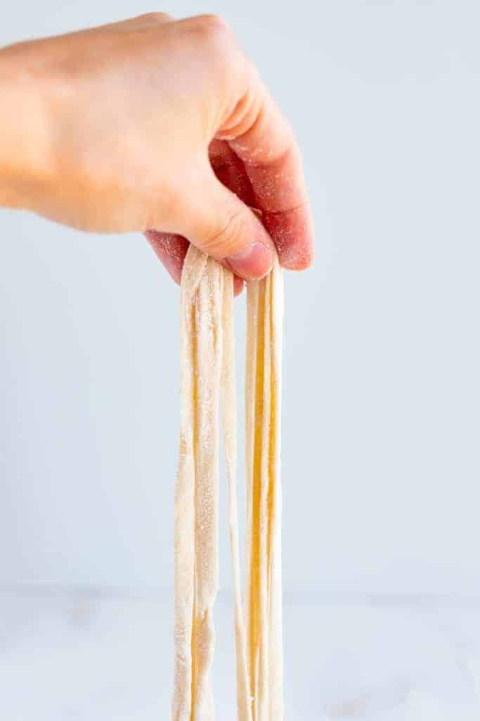 a hand holding raw homemade udon noodles