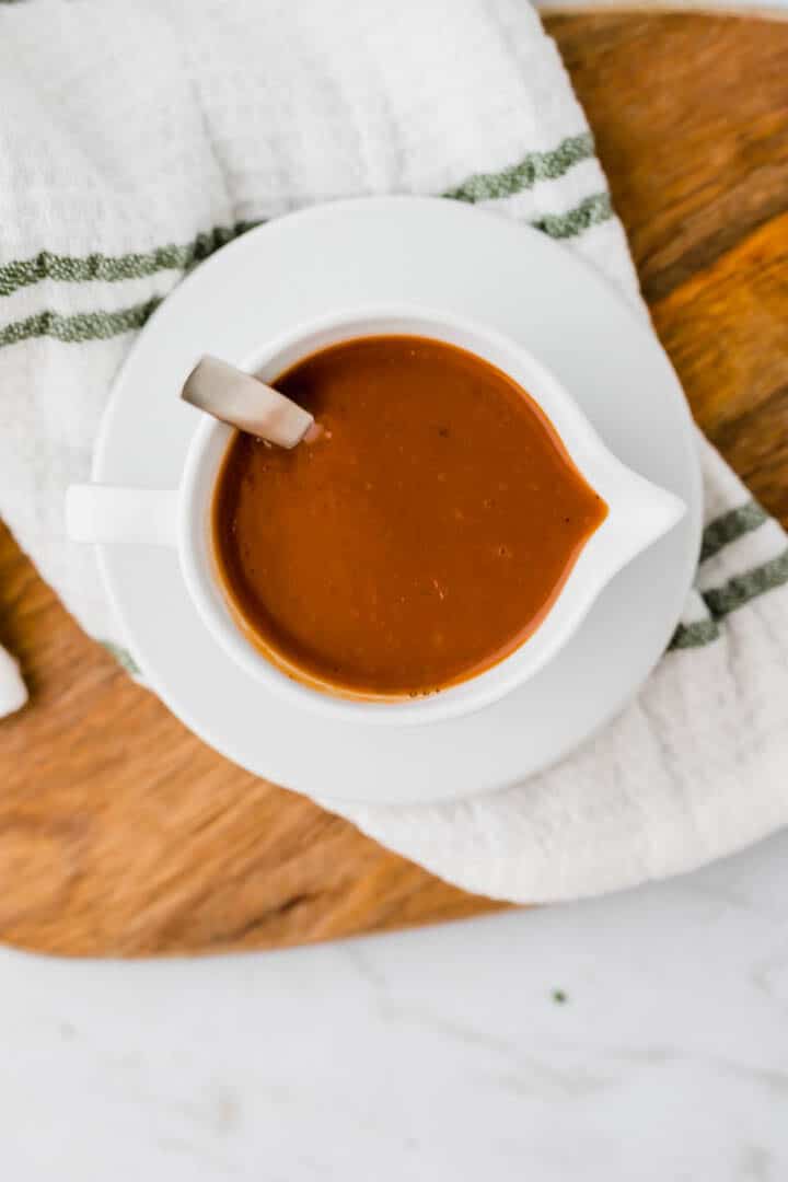 vegan gravy recipe served on a wooden board