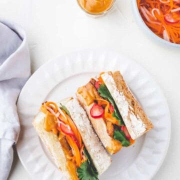 Vegan Tofu Banh Mi Sandwich with pickled veggies and hoisin-mayo