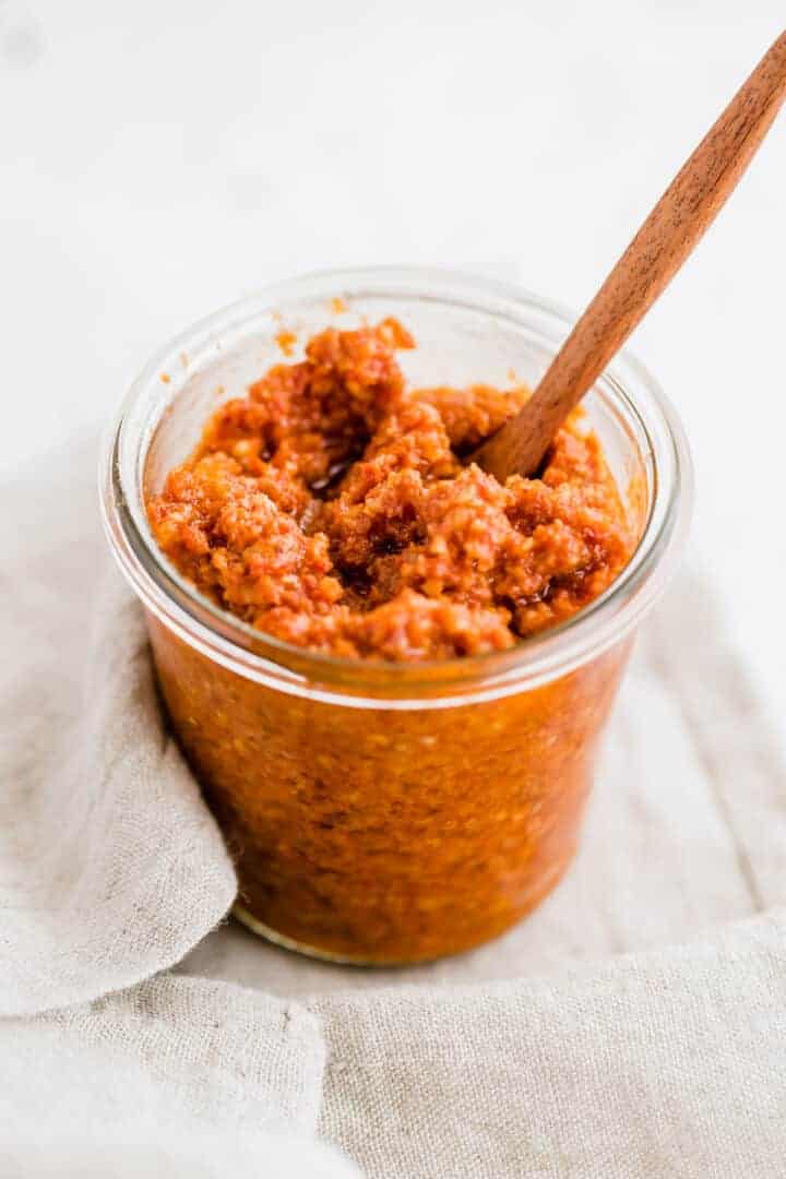 pesto rosso in a glass jar