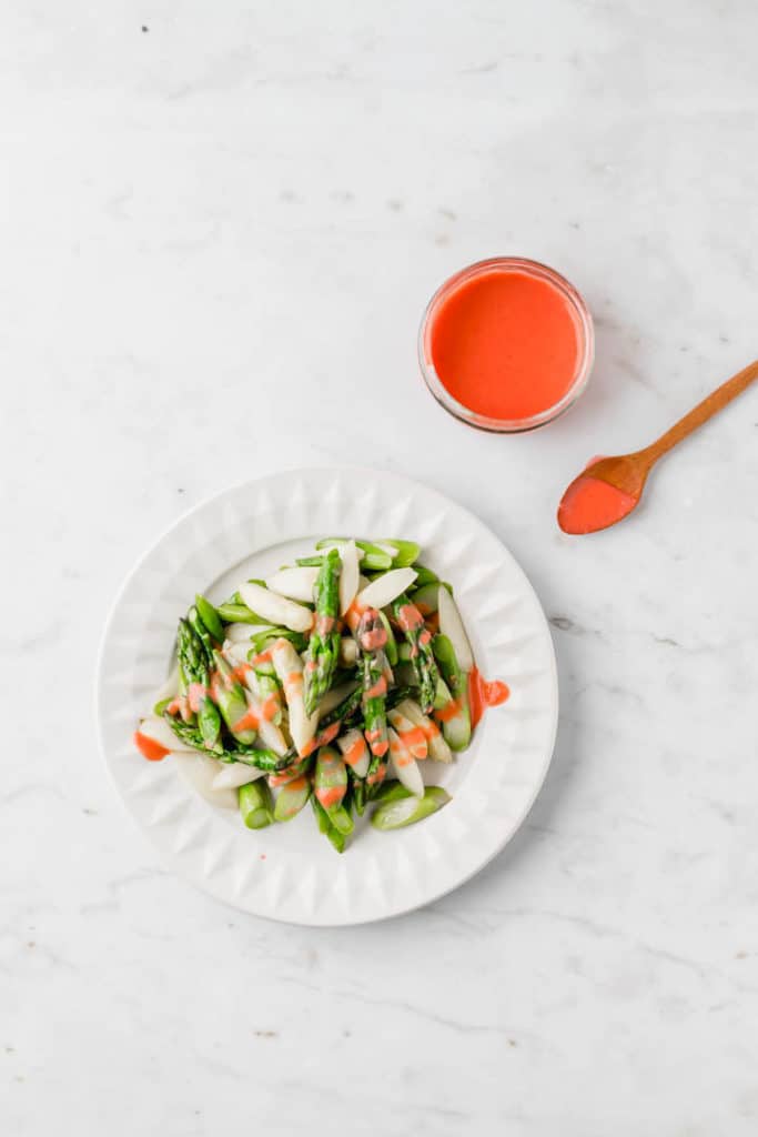 white and green vegan asparagus salad recipe