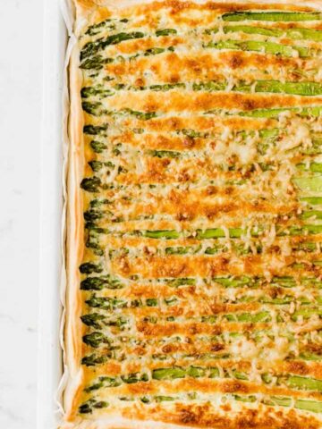 asparagus tart on a white board