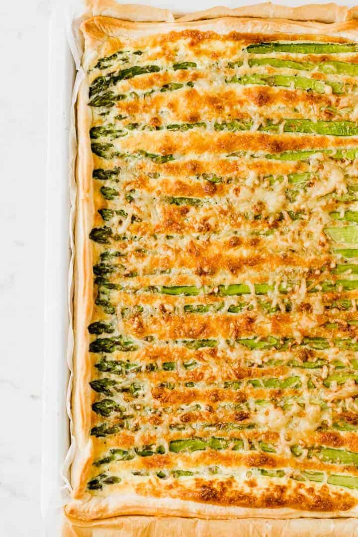 asparagus tart on a white board