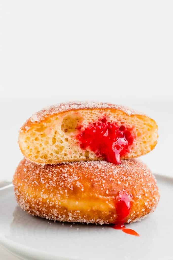fluffy donuts filled with strawberry rhubarb jam