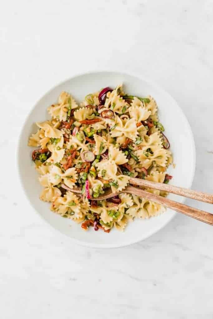 vegan italian pasta salad in a blue bowl