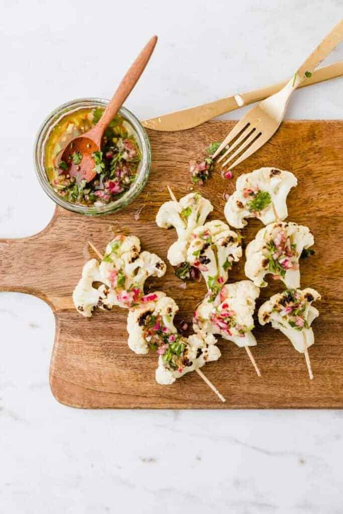 cauliflower skewers served with chimichurri sauce