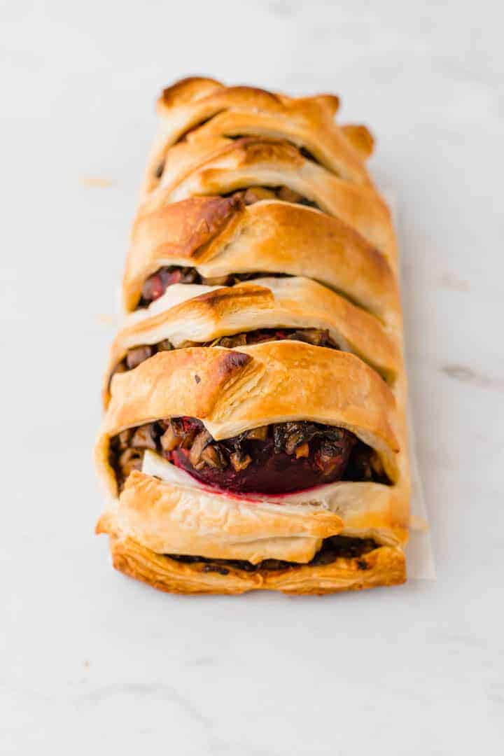 baked beet wellington on a marble dish