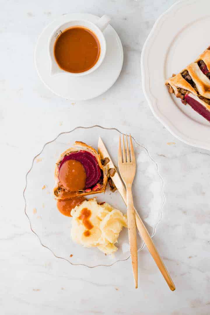 vegan wellington served with vegan brown gravy