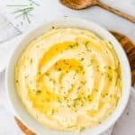 vegan mashed potatoes served in a blue bowl