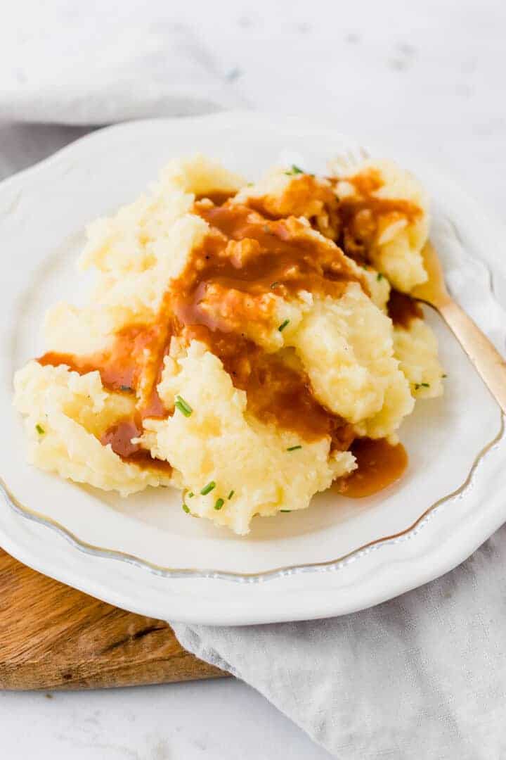 vegan mashed potatoes served with vegan gravy