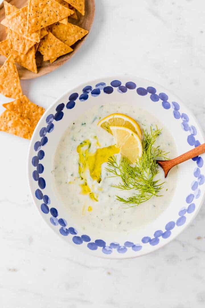 dairy free tzatziki served with nachos