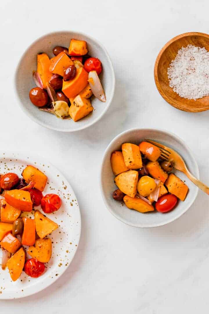 sheet pan veggies with pumpkin, olives, sweet potato, and cherry tomatoes