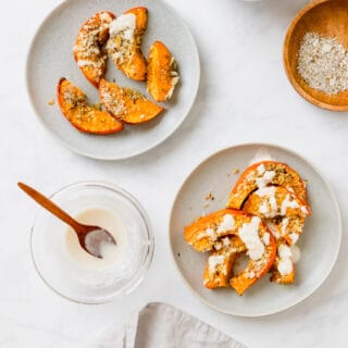 baked pumpkin wedges with panko and tahini sauce