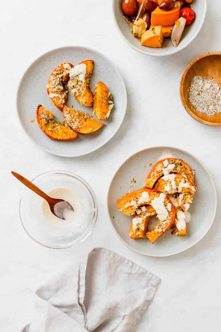 baked pumpkin wedges with panko and tahini sauce