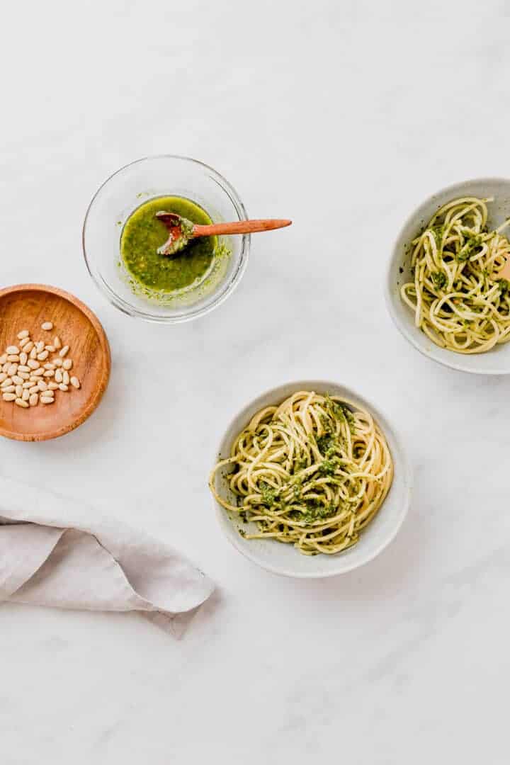 vegan basil pesto sauce with spaghetti