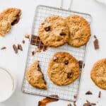 Vegan Peanut Butter Chocolate Chip Cookies on a silver cooling rack