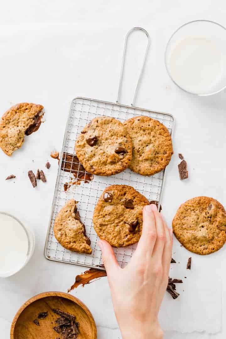 a hand grabbing a vegan peanut butter chocolate chip cookie