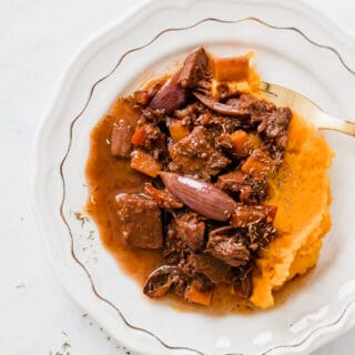 Vegan Jackfruit Stew served with vegan mashed sweet potatoes