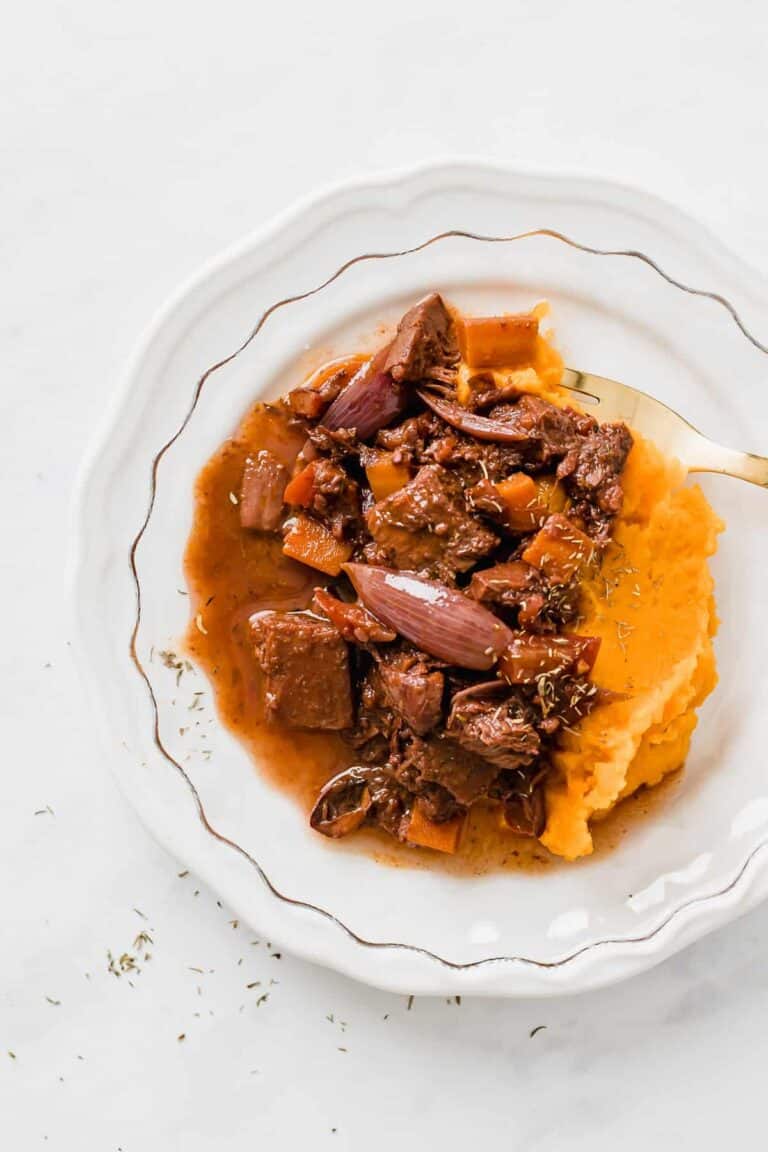 Vegan Jackfruit Stew served with vegan mashed sweet potatoes