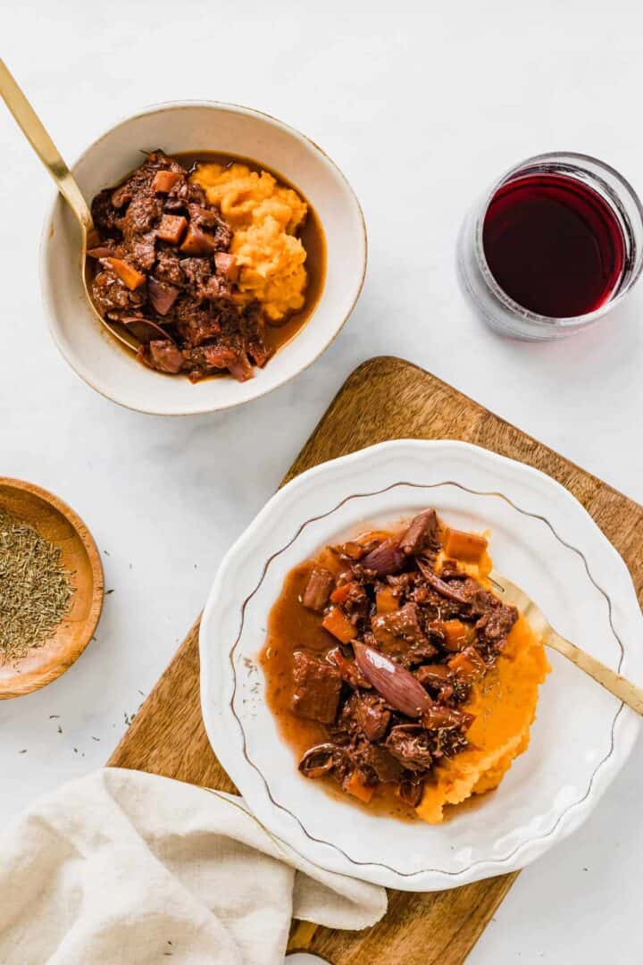 vegan stew made with jackfruit served on a white plate 