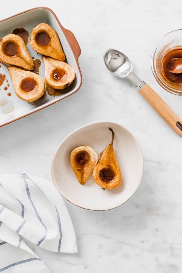 baked pears served in a bowl