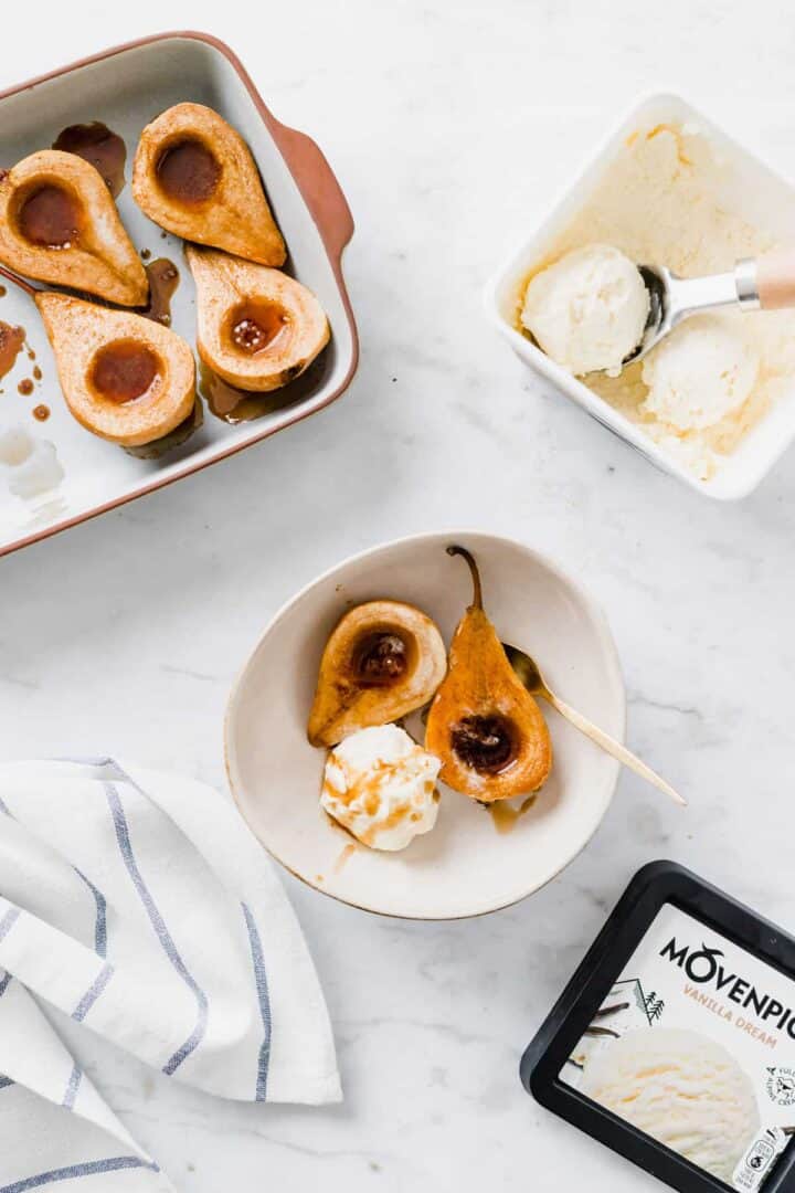 baked pear dessert served with vanilla ice cream