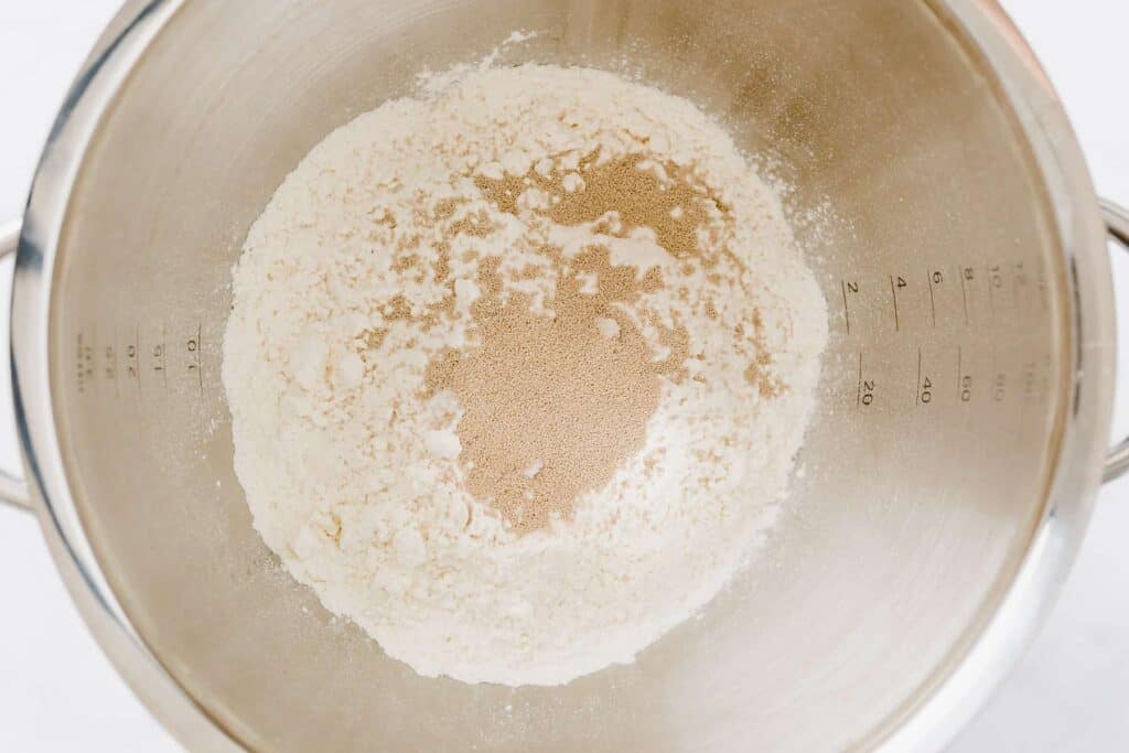 flour and instant yeast in the bowl of a stand mixer