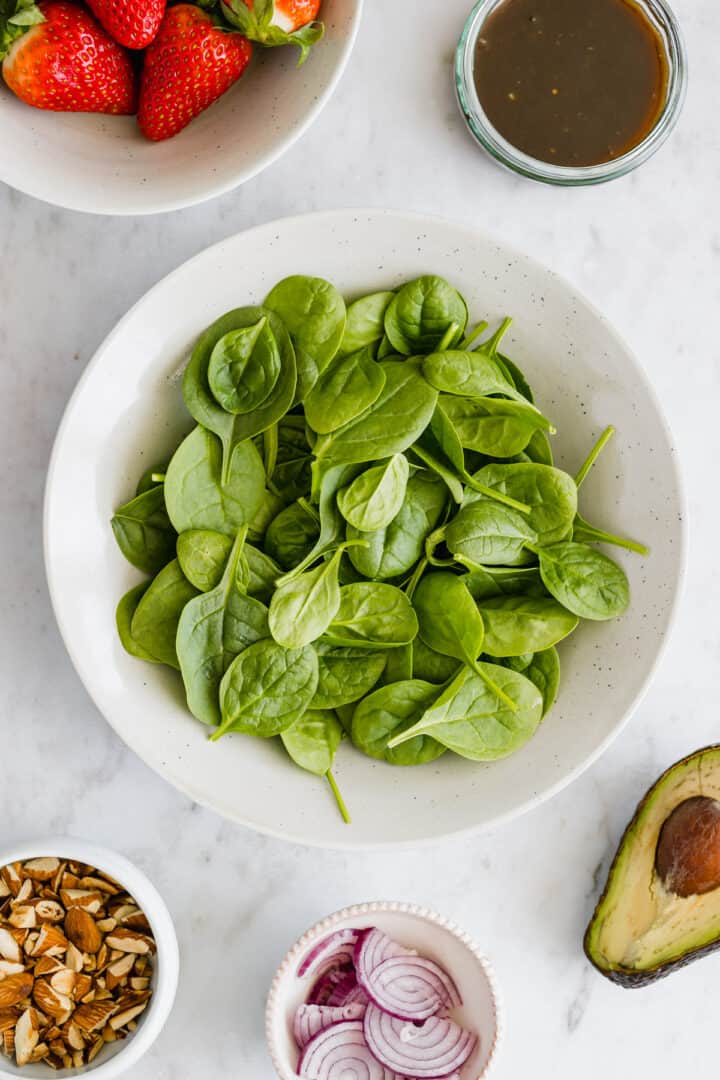 ingredients for spinach and strawberry salad