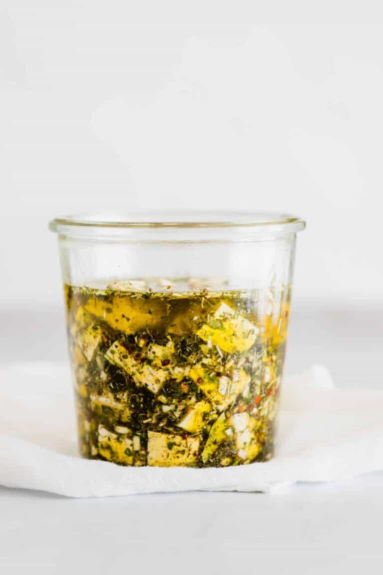vegan feta cheese marinated with olive oil in a mason jar