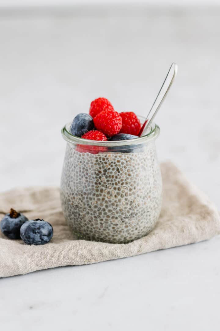 chia seed pudding with raspberry and blueberries