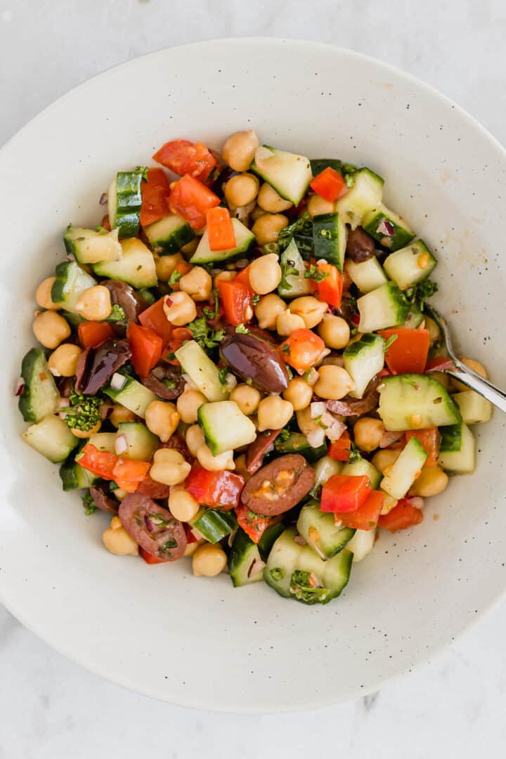 chickpea salad with fresh vegetables in a bowl