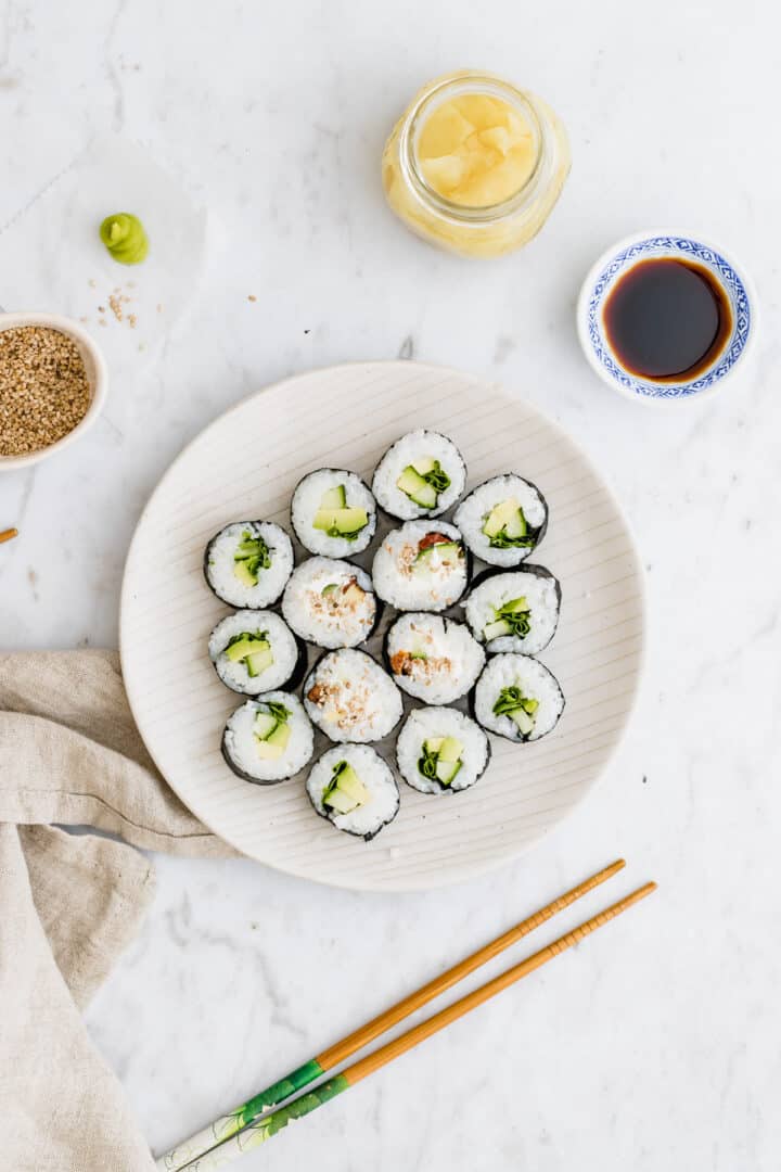 vegan sushi served with wasabi and pickled ginger