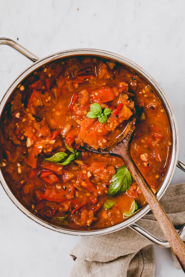 marinara sauce with fresh tomatoes in a pot