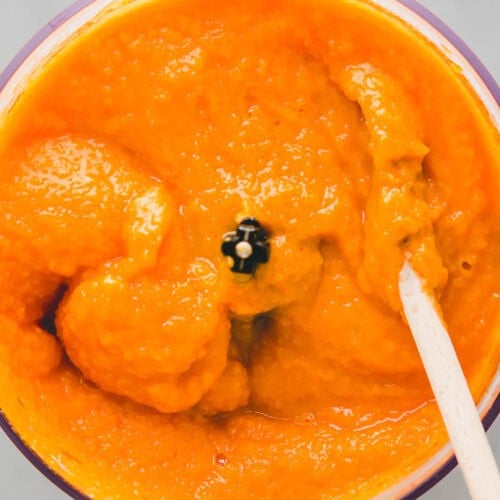 selbstgemachtes kürbispüree in einem food prozessor