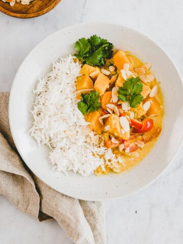 butternut squash curry with basmati rice in a plate
