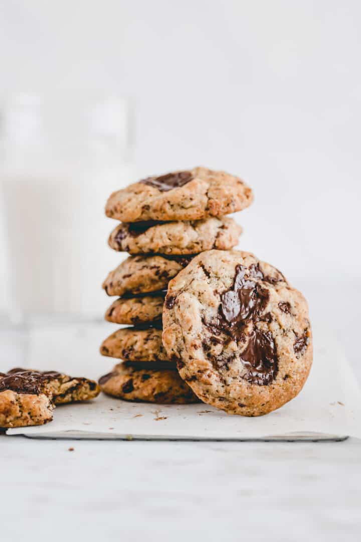 a stack of oatmeal chocolate chip cookies