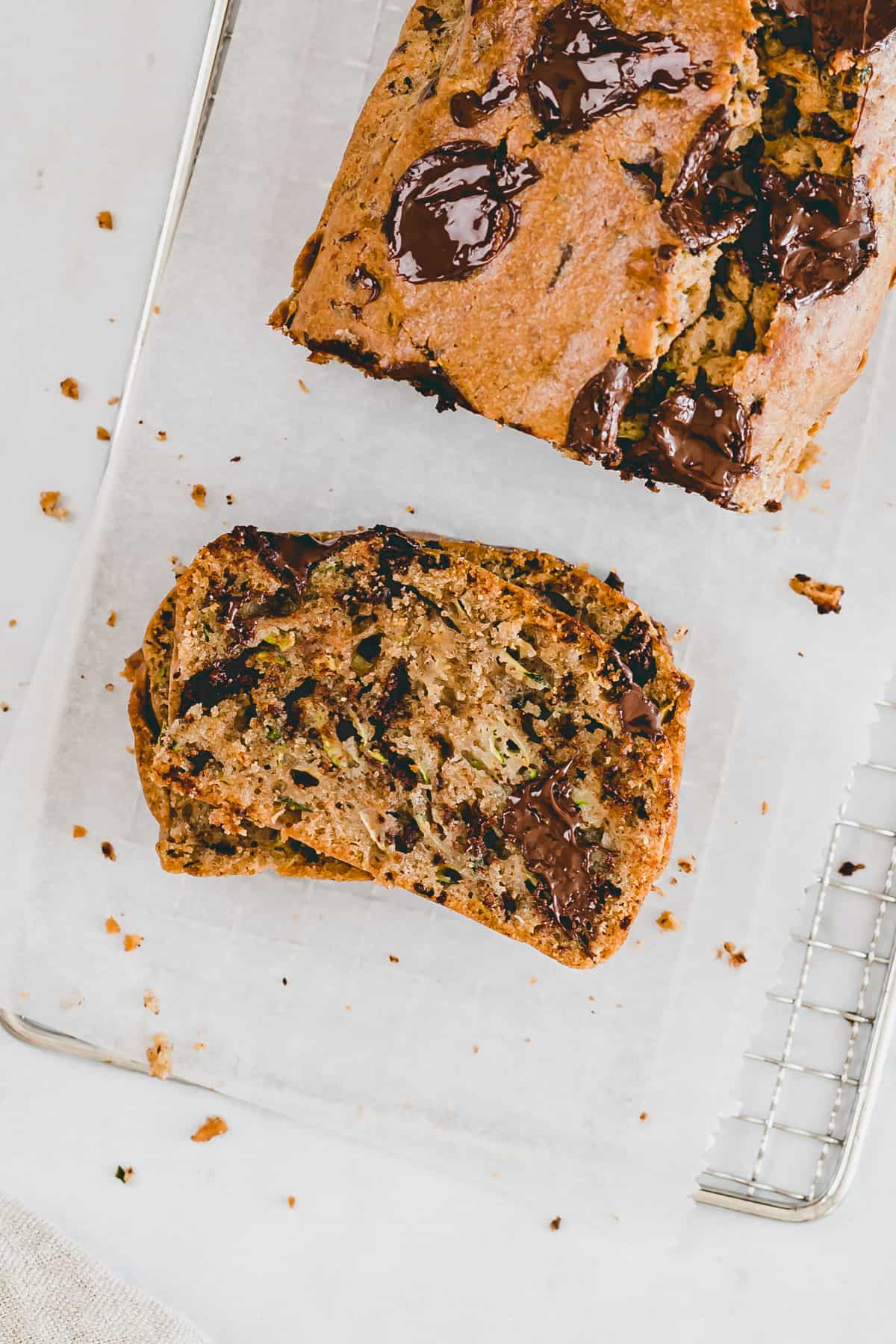 close up shot of a sliced zucchini bread with chocolate