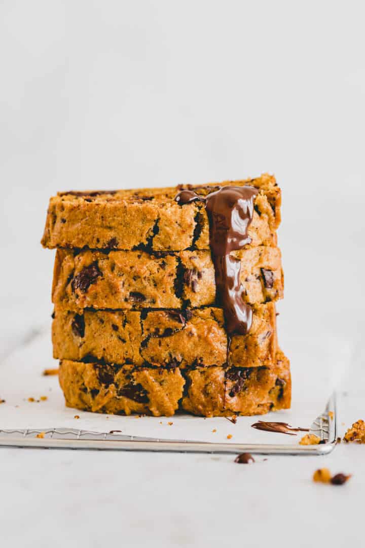 a stack of Vegan Pumpkin Chocolate Chip Bread slices