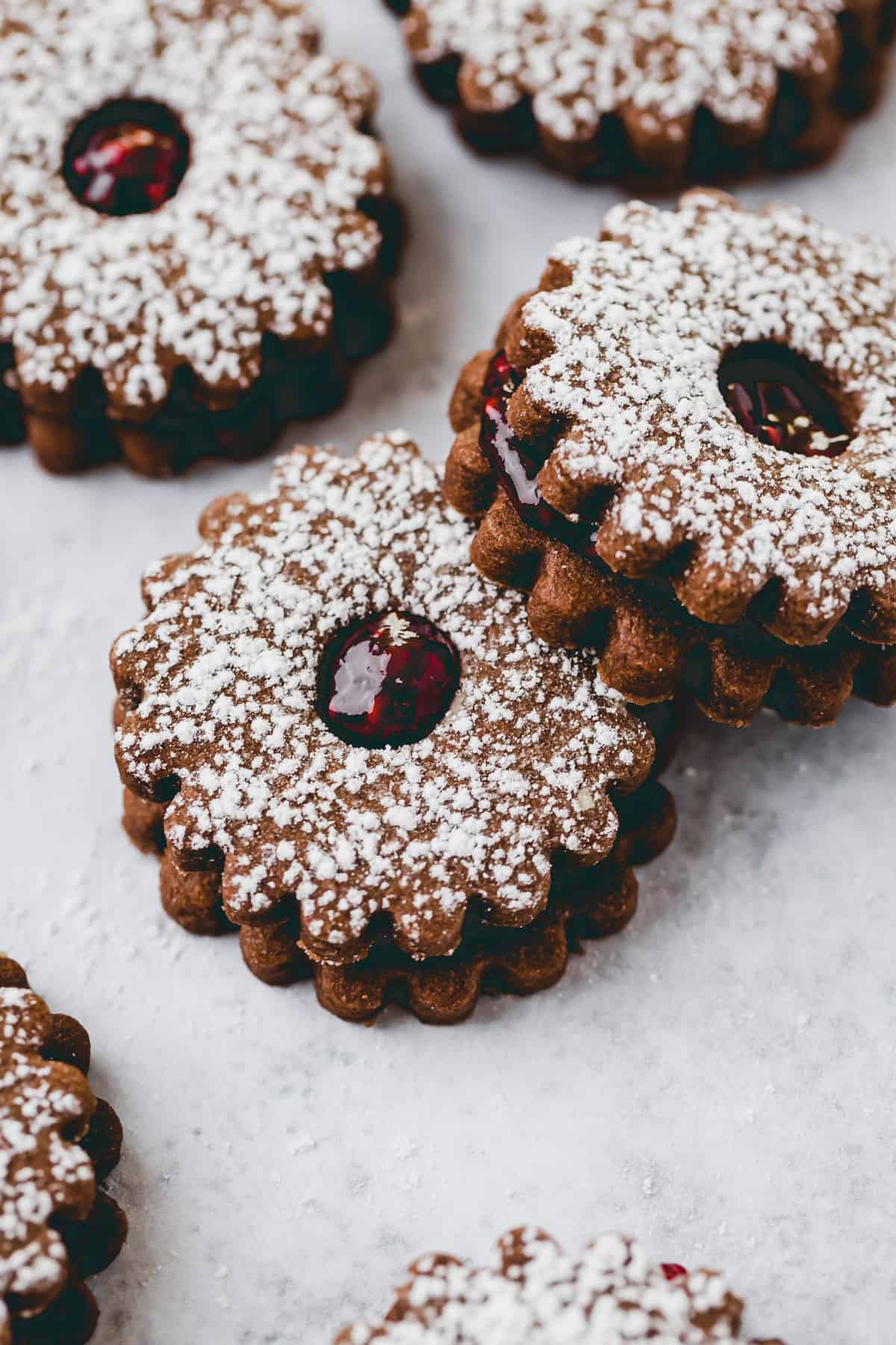 macro shot of raspberry linzer cookies