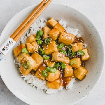 orange tofu served over rice