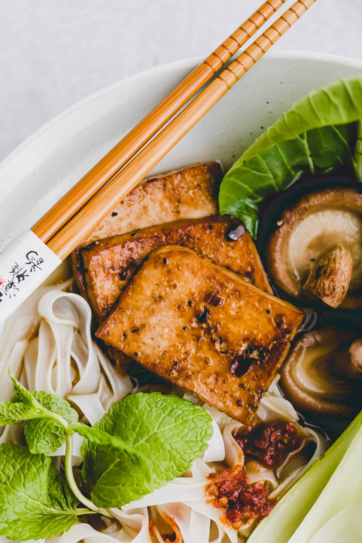 closeup pho soup with tofu