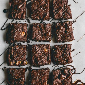 sliced gluten-free brownies drizzled with chocolate
