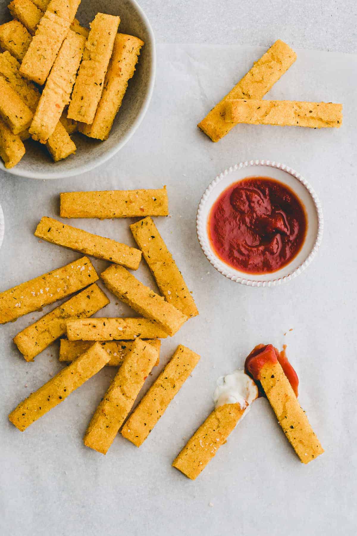 baked polenta fries with ketchup