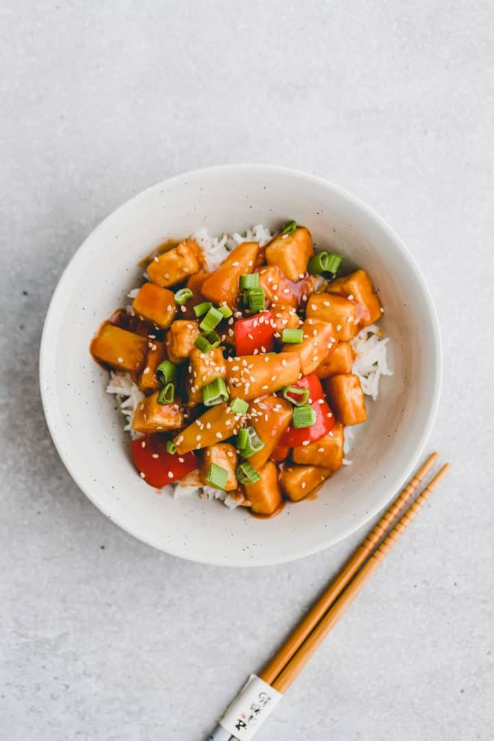 sweet and sour tofu served over rice