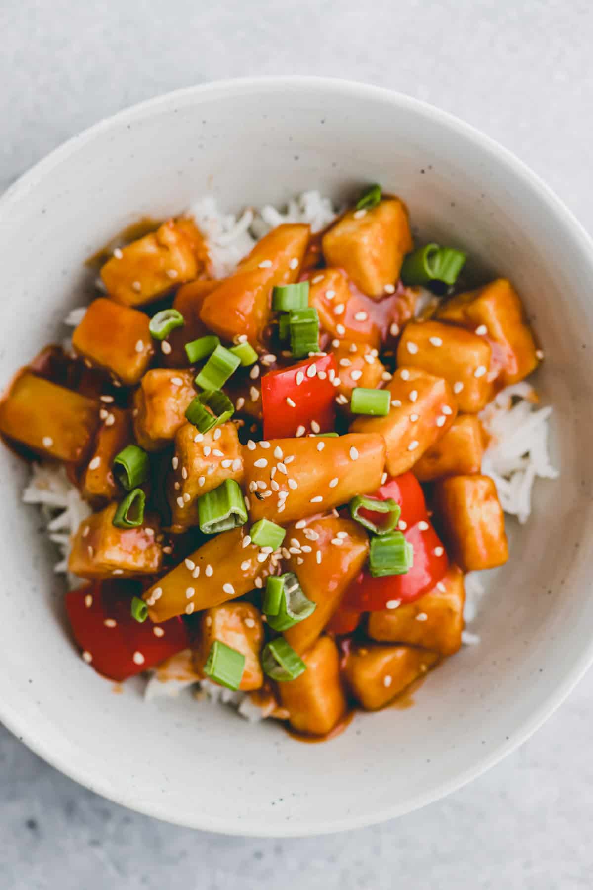 close up shot of vegan sweet and sour tofu